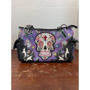 Sugar Skull Purple Handbag With Multiple Compartments & Black Accents V3